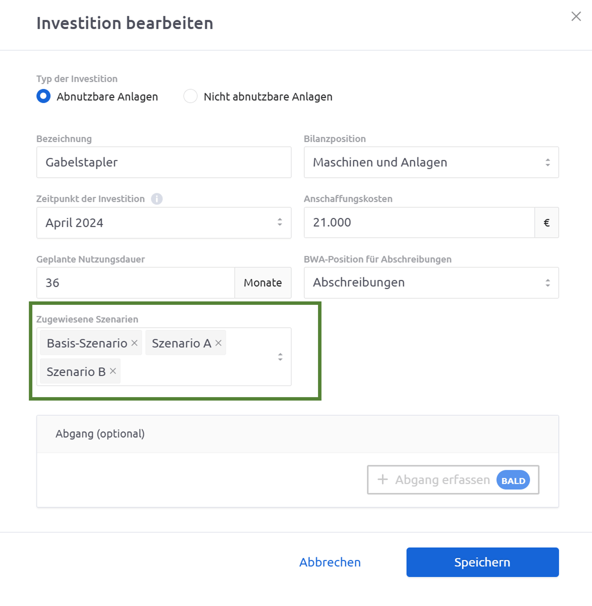 Companyon Controlling Software_Investition Szenarienzuweisung