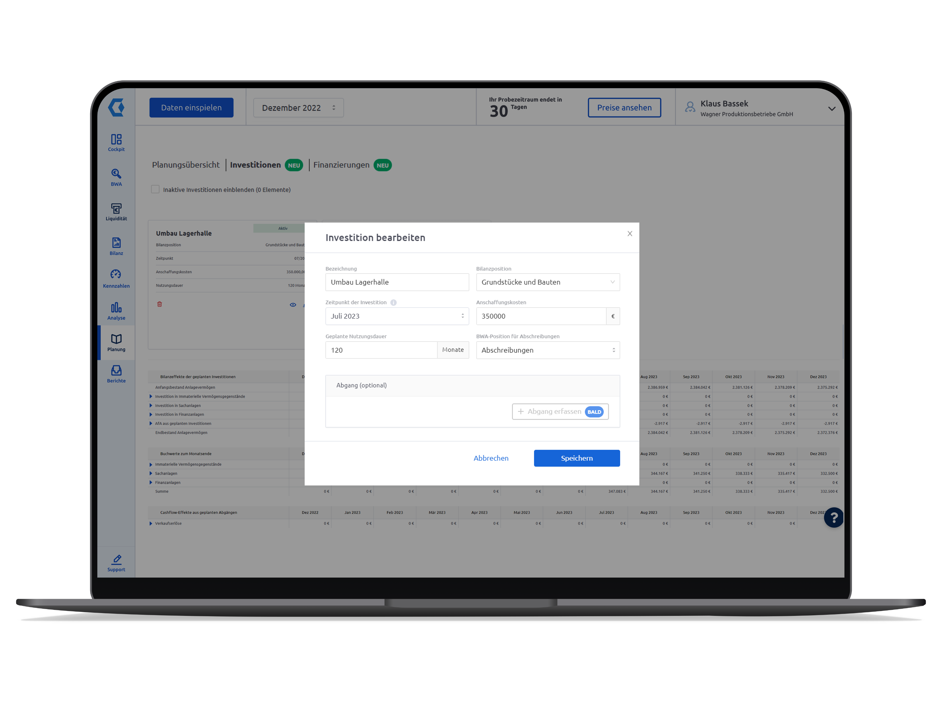 Companyon Controlling Software_Invenstitionsplanung_bearbeiten_Notebook