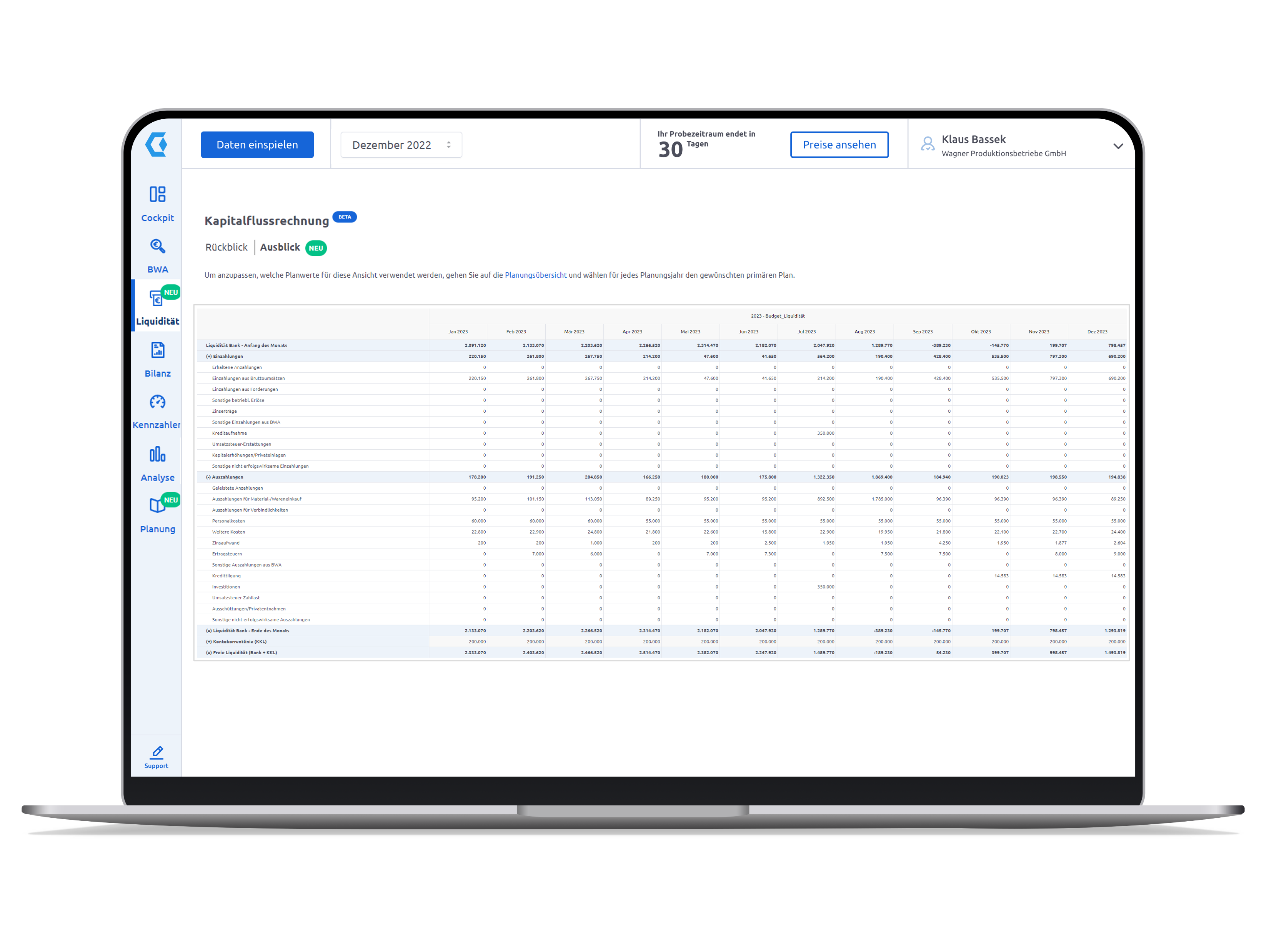 Companyon Controlling Software_Tabelle Liquiditätsprognose_Notebook