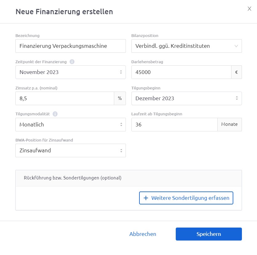 Companyon Controlling Software_Finanzierungsplanung_Finanzierung bearbeiten