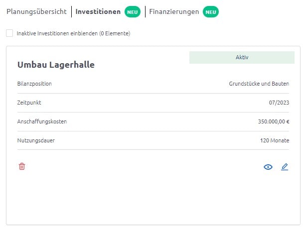 Companyon Controlling Software_Kachel Investitionsplanung