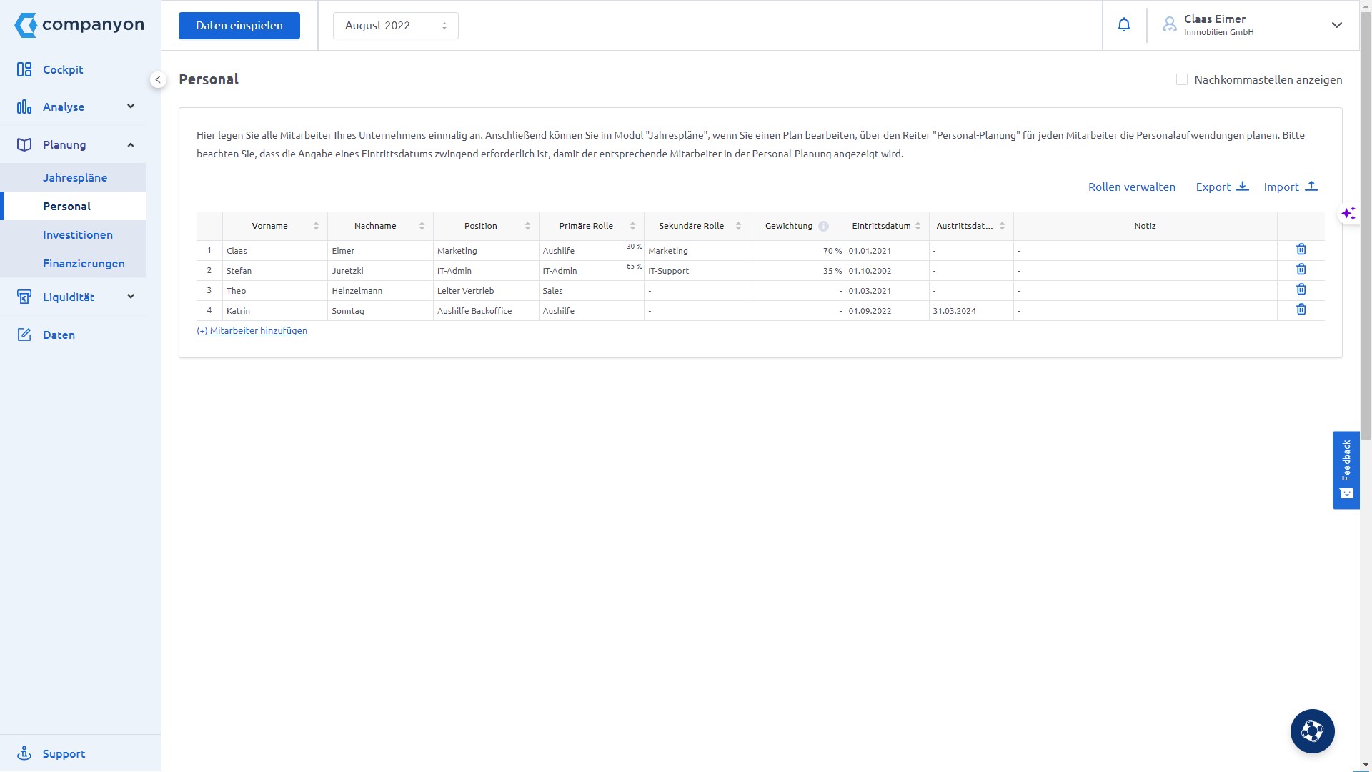 Companyon Controlling Software_Modul Personalplanung