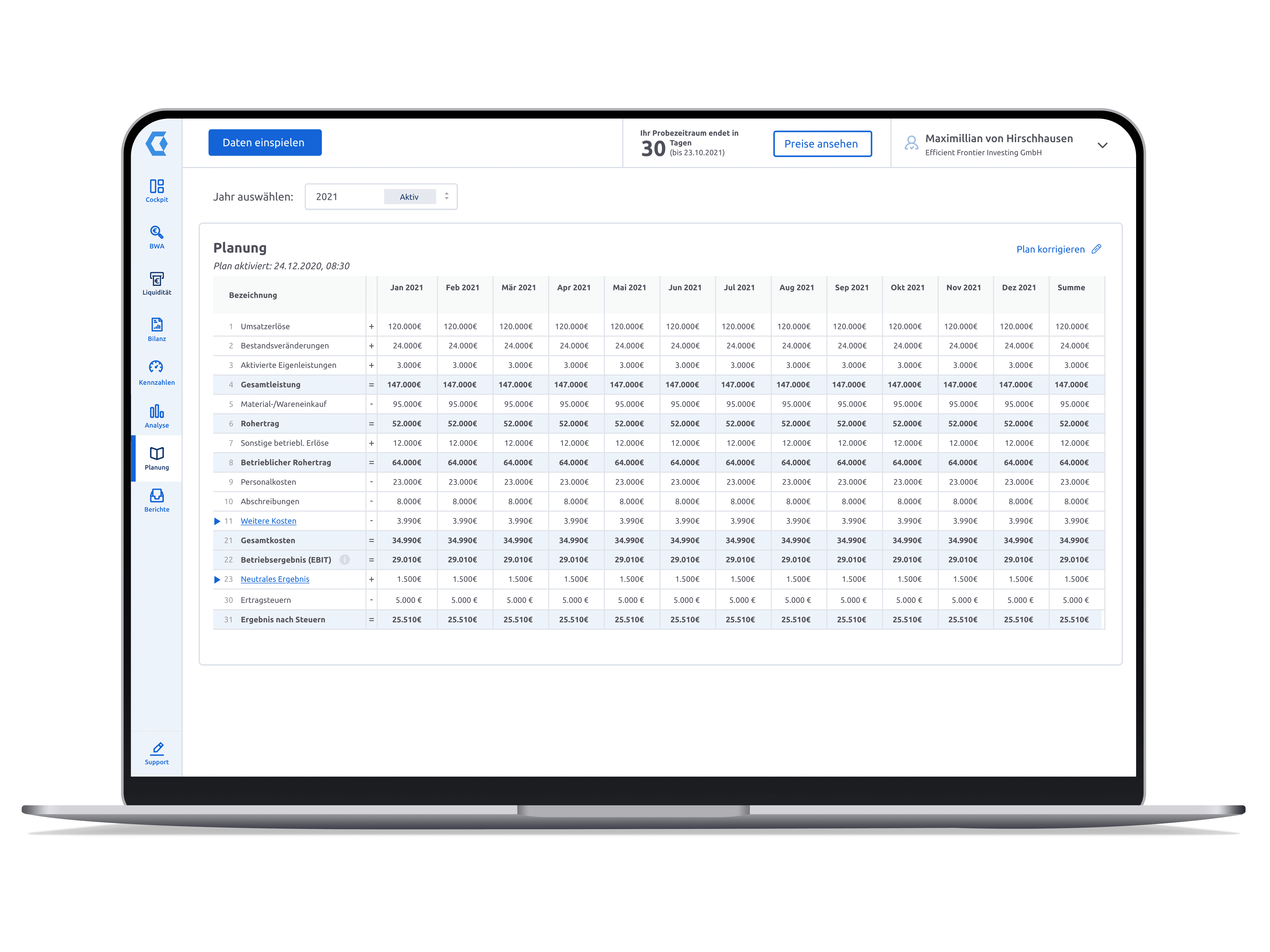 Companyon Controlling Software | Screenshot Planung Szenarien